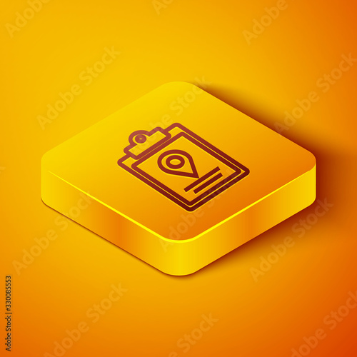 Isometric line Document tracking marker system icon isolated on orange background. Parcel tracking. Yellow square button. Vector Illustration