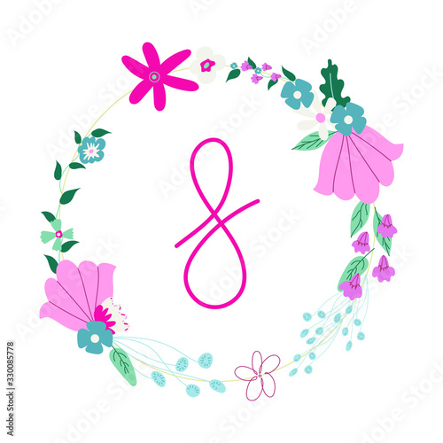 Bunch of flowers round frame international womens day holiday 8 march postcard stock vector illustartion isolated on white background