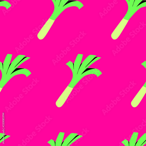 Seamless greens and leaves spring onion hand drawn pattern stock Vector illustration. For trendy fabric design textile wallpaper wrapping paper. Vegetables, trendy modern bright colorful style.