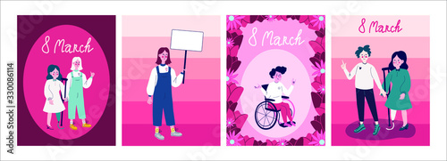 International women’s day postcards set with diverse women. 8 March pink flowers, girl on a wheelchair or with prosthetic leg. With protest posters for sign. Disabled human.Isolated stock vector image