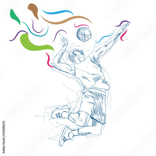 Polygonal volleyball player serving ball, geometric vector illustration
