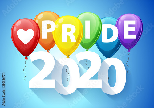 Pride month 2020 LGBT poster with rainbow balloons vector background.