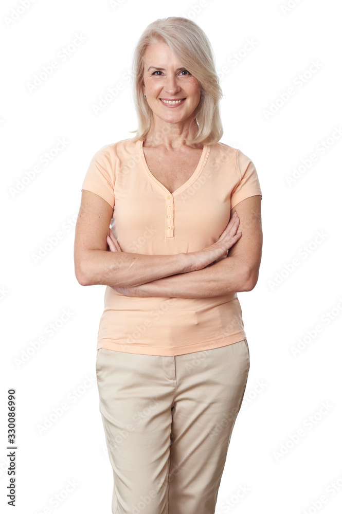 Portrait of happy senior woman isolated on white Portrait of happy senior woman isolated on white