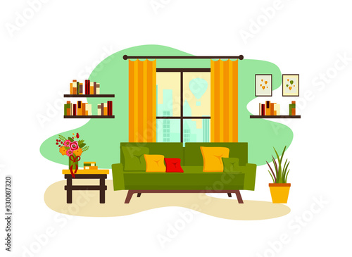 living room interior with furniture, table, window, shelves with books and home flowers, floor lamp. flat cartoon vector illustration