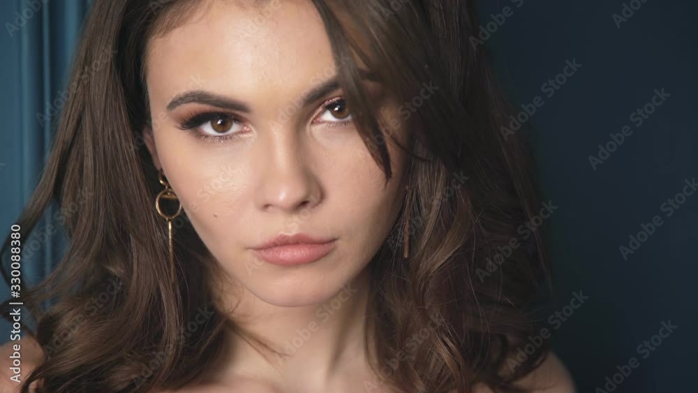 Closeup portrait woman brunette hair style fashion model sexy looking passion lips bright makeup cosmetic beauty product lyric romantic vibes eyelashes mascara pure skin face cute. Closeup portrait woman brunette hair style fashion model sexy looking passion lips bright makeup cosmetic beauty product lyric romantic vibes eyelashes mascara pure skin face cute.