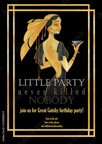 Hand drawn watercolor birthday party invitation with golden frame and woman. Vintage card template, jewel imitation. Art deco and art nouveau elements. Great Gatsby party poster or flyer. © anastasianio