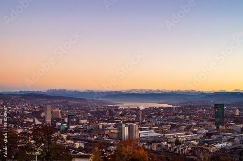 Zurich city vista from atop of Hongg in autumn