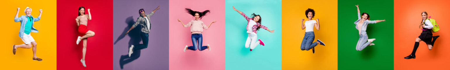 Photo collage of eight cheerful glad optimistic carefree feeling great old preteen multiethnic guy millennial people jumping high up achieving victory triumph isolated over multicolored background