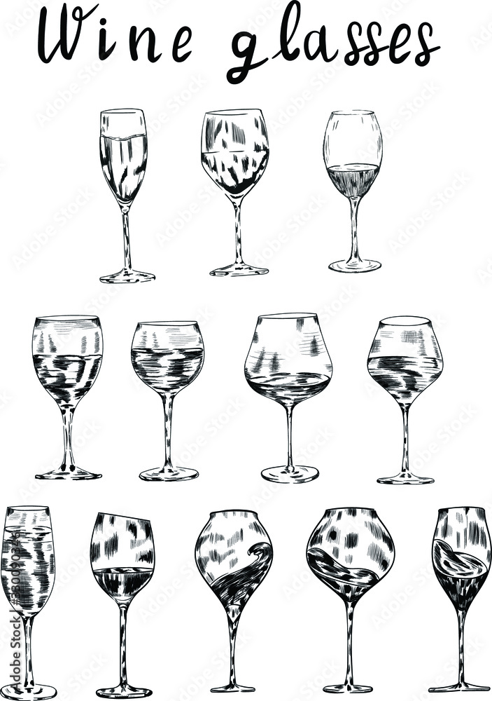 Wine, champagne glasses, lettering isolated on white background. Concept for logo, cards, menu, icon Wine, champagne glasses, lettering isolated on white background. Concept for logo, cards, menu, icon