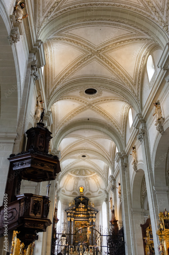 Inside view of Hofkirche St. Leodegar Church in Lucern Switzerland