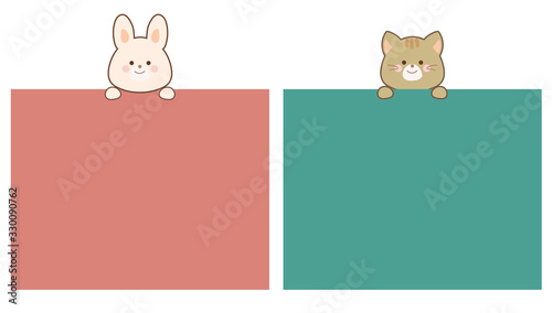 フレームの上に乗るネコとうさぎのイラスト　セット　線あり