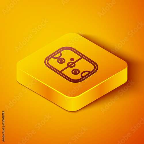 Isometric line Air hockey table icon isolated on orange background. Yellow square button. Vector Illustration