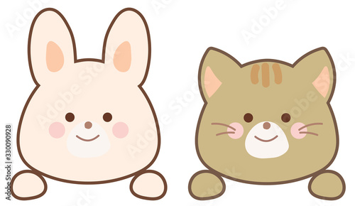 上に乗るネコとうさぎのイラスト　セット　線あり