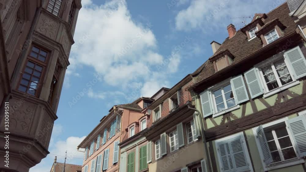 bottom up view of traditional houses in Freiburg, Germany. Walking