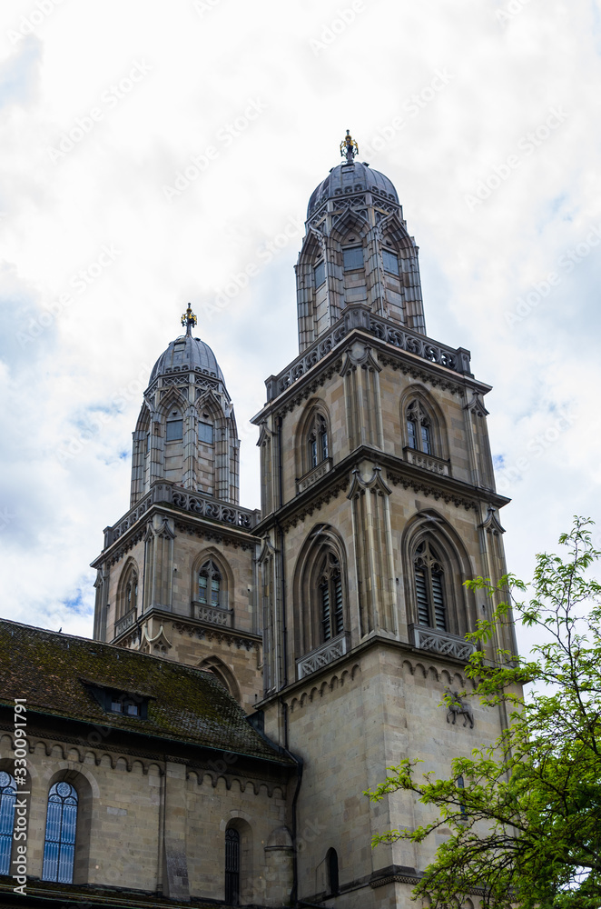 Old church in Zurich Switzerland low wide angle view point cloudy day
