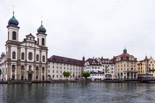 View of the Jesuit Chruch in Lucerne Switzerland from the other side of the Reuss river