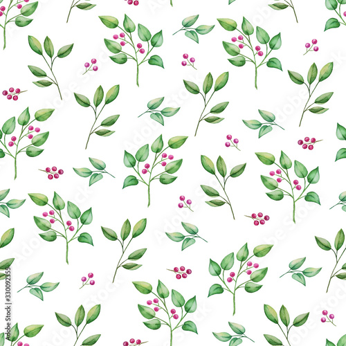 Watercolor branches and leaves on a white background. Seamless pattern can be used for textiles, wrapping paper and stationery.