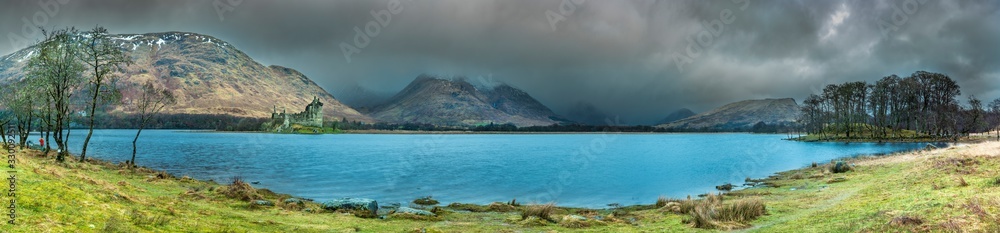 Panoramic view of Kilchurn Castle on a rainy day, Highlands, Scotland Panoramic view of Kilchurn Castle on a rainy day, Highlands, Scotland