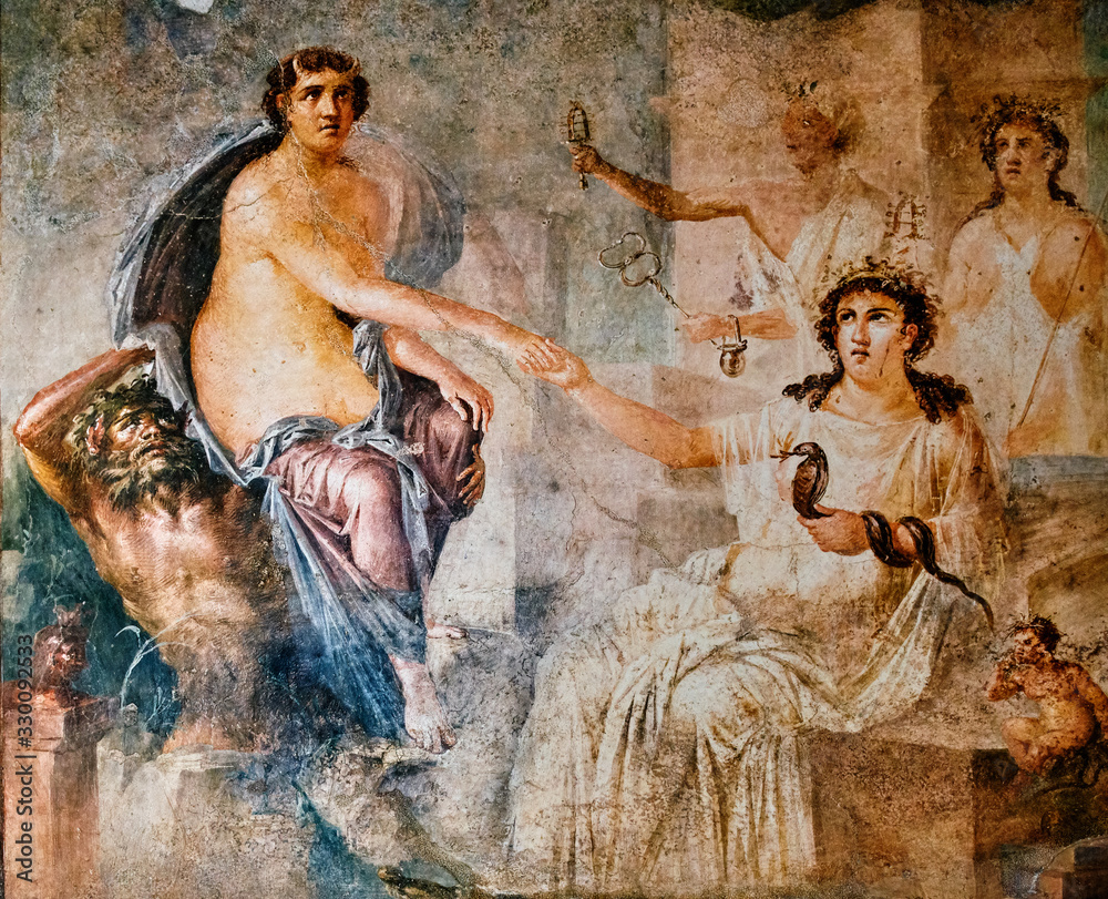 fresco of the nymph saved by Hermes in the temple of Isis in Pompeii. Pompeii destroyed by the eruption of Vesuvius in 79 BC fresco of the nymph saved by Hermes in the temple of Isis in Pompeii. Pompeii destroyed by the eruption of Vesuvius in 79 BC