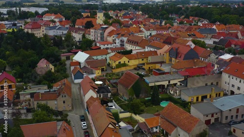 Aerial view of the city Radeburg in east Germany on a cloudy day in summer. Ascending beside the city. photo