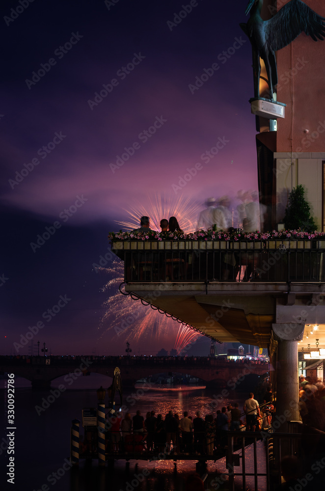 Naklejka premium Zurich festival celebrations fireworks crowds and buildings