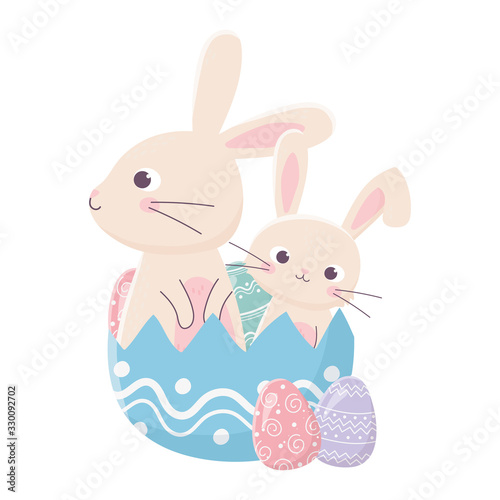 happy easter day, cute bunnies in eggshell eggs decoration