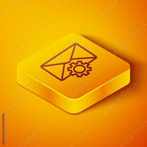 Isometric line Envelope setting icon isolated on orange background. Yellow square button. Vector Illustration