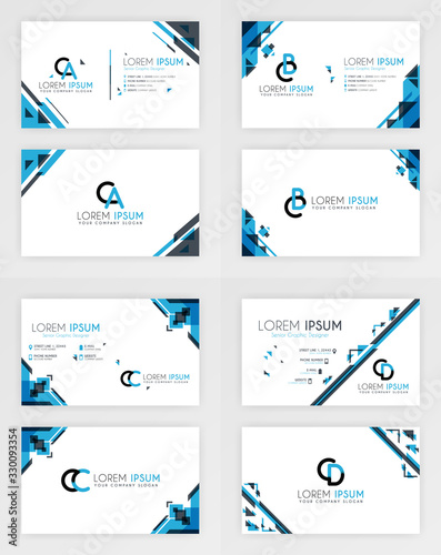 Blue Business Card Template. Simple Identity Card Design With A Geometric Decoration In The Corner. For Corporate, Company, Professional, Business, Advertising, Public Relations, Brochure, Poster