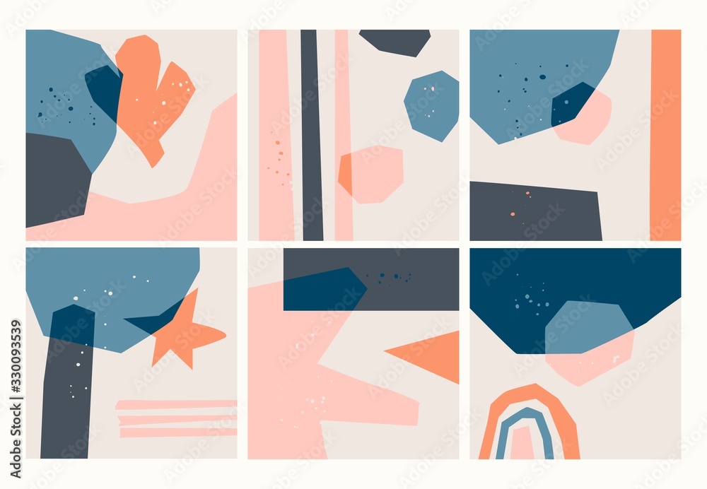 Hand drawn various shapes and doodle objects. Set of six Abstract Backgrounds. Paper cut style. Trendy Vector illustration. Perfect for textile prints. Every background is isolated Hand drawn various shapes and doodle objects. Set of six Abstract Backgrounds. Paper cut style. Trendy Vector illustration. Perfect for textile prints. Every background is isolated