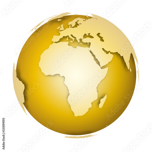 Golden Earth globe. 3D world map with metallic lands dropping shadows on gold surface. Vector illustration