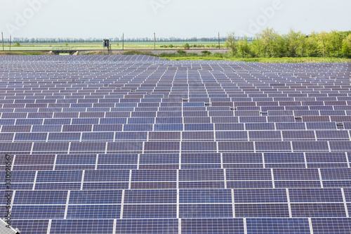 Many solar panels station closeup