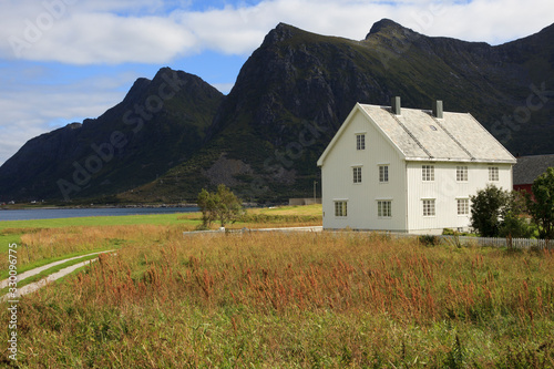 Lofoten Islands / Norway - August 28, 2017: A traditional wooden housei n Lofoten Islands, Nordland, Norway, Scandinavia, Europe