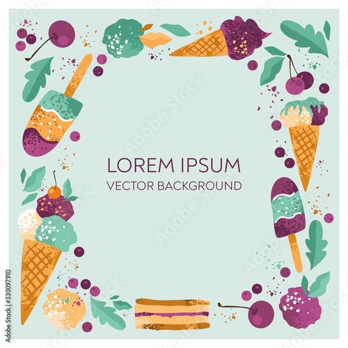 Square frame with decorative ice cream, waffle tubes, berries and cherries on a turquoise background. Banner template for menu, cafe price. Invitation to a party, birthday. Cartoon vector illustration
