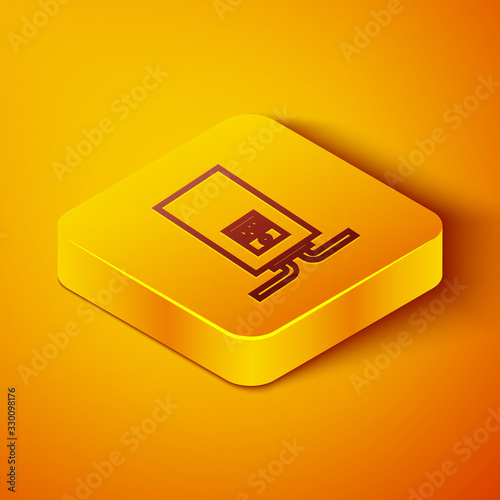Isometric line Gas boiler with a burning fire icon isolated on orange background. Yellow square button. Vector Illustration