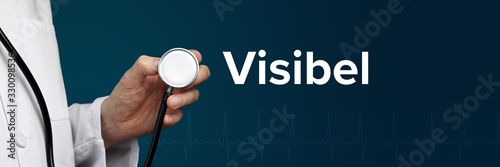 Visibel. Arzt im Kittel hält Stethoskop. Das Wort Visibel steht daneben. Symbol für Medizin, Krankheit, Gesundheit photo