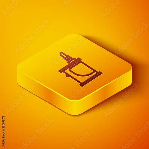 Isometric line Electronic cigarette icon isolated on orange background. Vape smoking tool. Vaporizer Device. Yellow square button. Vector Illustration