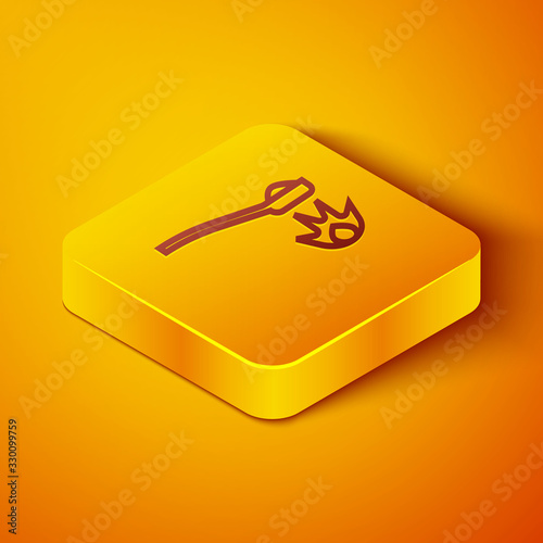 Isometric line Heroin in a spoon icon isolated on orange background. Concept of drug addiction and dependence from the narcotic. Junkie lifestyle. Yellow square button. Vector Illustration