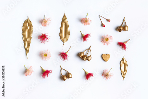 Australian native eucalyptus composition on white background. Gold leaves, gum nuts are mixed with pink & red flowering gum nuts. Decorated to celebrate Valentines Day, Mothers day & Anniversary etc.