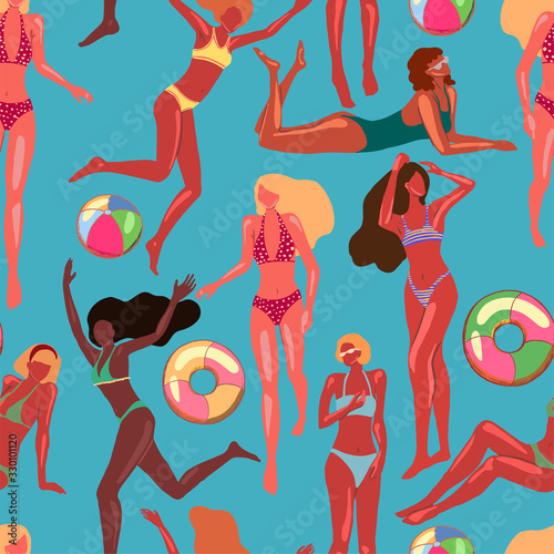Seamless pattern of beautiful women in swimsuit. Girls on the beach vacation, summer fashion. Vintage vector wallpaper in cartoon flat style. Colored background for design print, wrap, fabric, textile