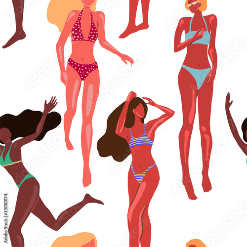 Seamless pattern of beautiful women in swimsuit. Girls on the beach vacation, summer fashion. Vintage vector wallpaper in cartoon flat style. Colored background for design print, wrap, fabric, textile