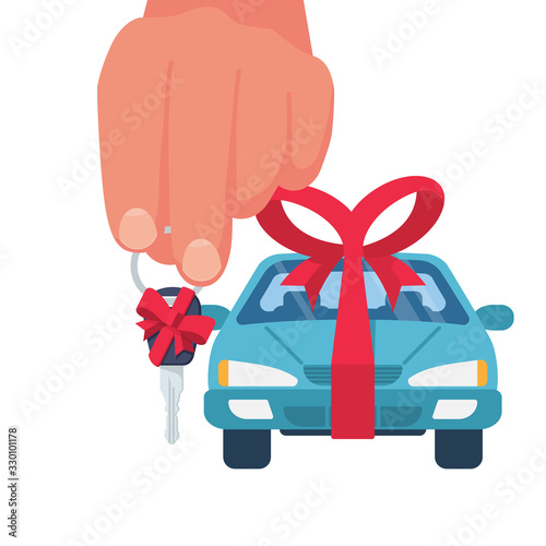 Car gift concept. Man holding in hand key with red ribbon and bow. Vector illustration flat design. Best offer cars for sale, rent, template. Isolated on background. Presentation, show vehicle.
