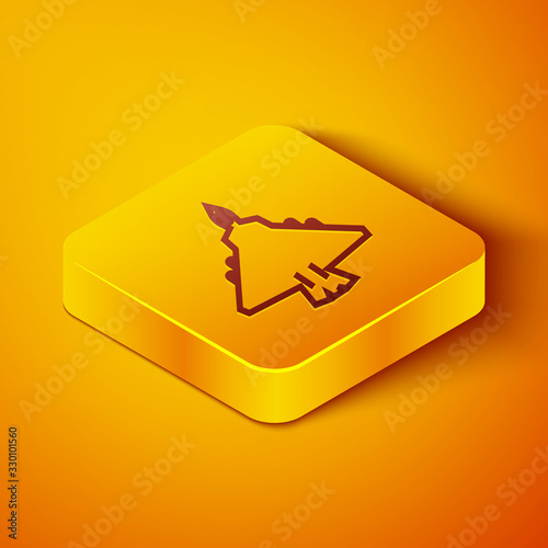 Isometric line Jet fighter icon isolated on orange background. Military aircraft. Yellow square button. Vector Illustration