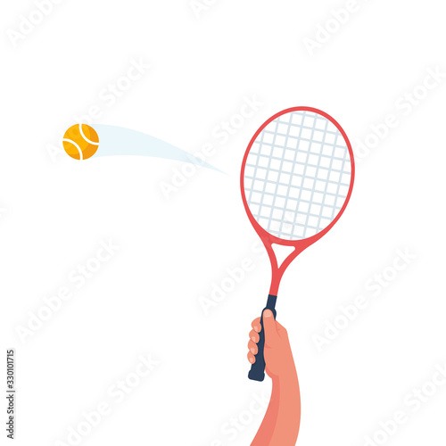 Tennis racket in the hand. Yellow ball in flight. Sports lifestyle. Vector illustration flat design. Template for sports background. Landing page.