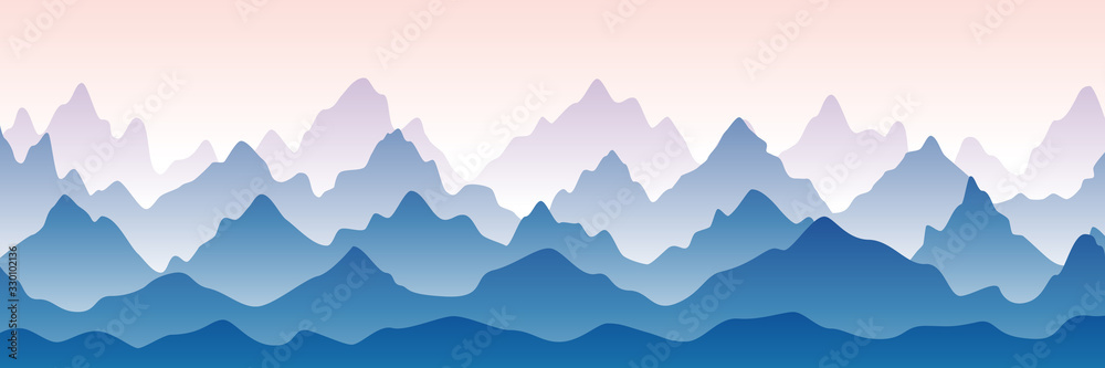 Fantasy on the theme of the morning landscape, sunrise in the mountains, panoramic view. Vector illustration of beautiful blue, pink mountain landscape with fog. Sunset in mountains. Hills and rocks.