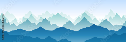 Fantasy on the theme of the morning landscape, sunrise in the mountains, panoramic view. Vector illustration of beautiful dark blue mountain landscape with fog. Sunset in mountains. Hills and rocks. © Yurii