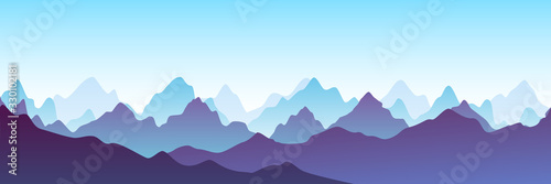 Fantasy on the theme of the morning landscape, sunrise in the mountains, panoramic view. Vector illustration of beautiful blue, purple mountain landscape with fog. Sunset in mountains. Hills and rocks © Yurii