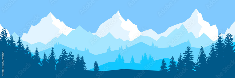 Vector illustration of beautiful dark blue mountain landscape with fog and forest. sunrise and sunset in mountains. Travel concept. Nature winter landscape. Vector isolated illustration