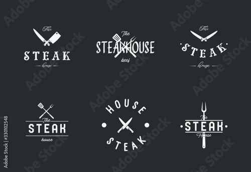 Steak house set logo with grill, steak, knife, meat, wine and beer. A restaurant. Steak cafe. Vector illustration.