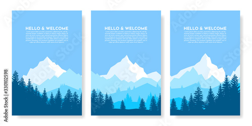Vector illustration of beautiful dark blue mountain with fog and forest. sunrise and sunset in mountains. Vector banners set with polygonal landscape illustration - flat design. Minimalist style.