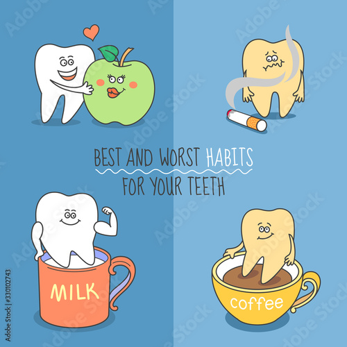 Teeth cartoon set. Best and worst habits for your teeth. Tooth with an apple, milk, coffee, and a cigarette.